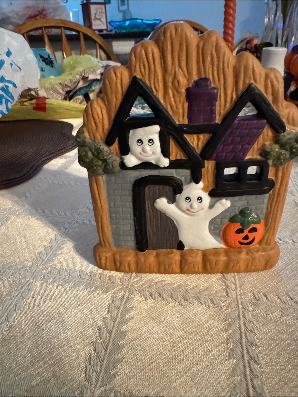 Festive Halloween Ghost House Accent - Cream, Orange & Purple